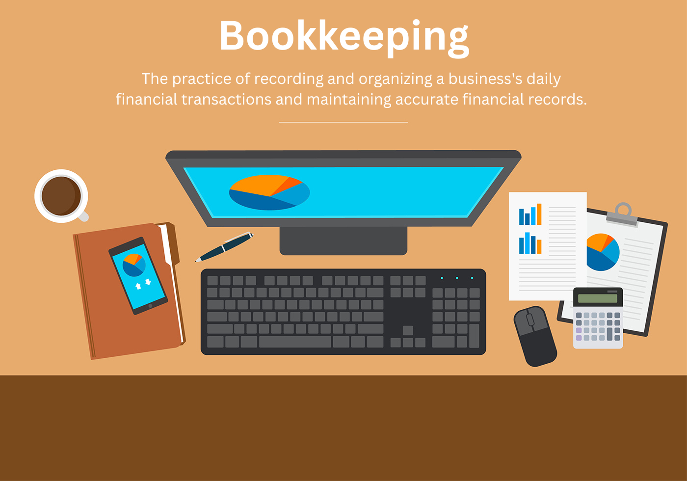 Bookkeeping illustration — a desk with a computer, calculator, and financial reports